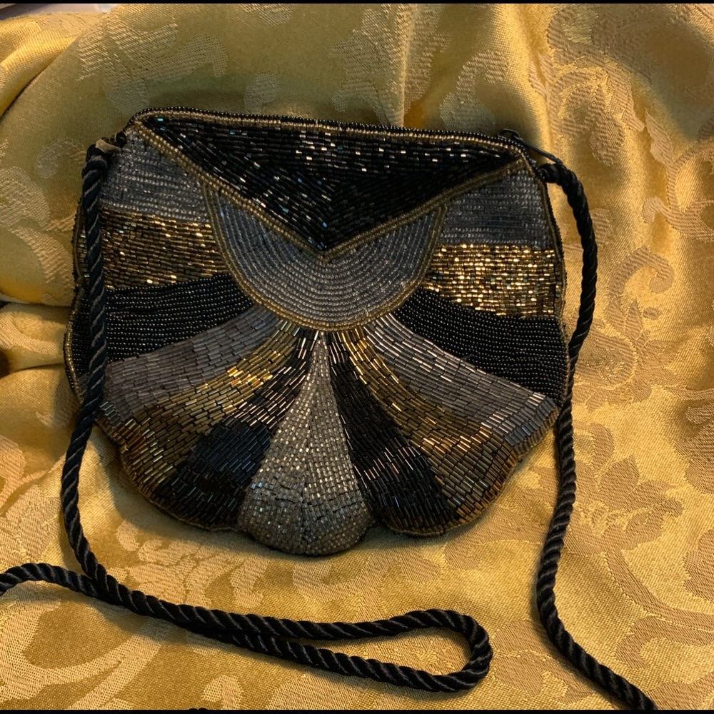 Hand-beaded bag, shiny metallic beading
